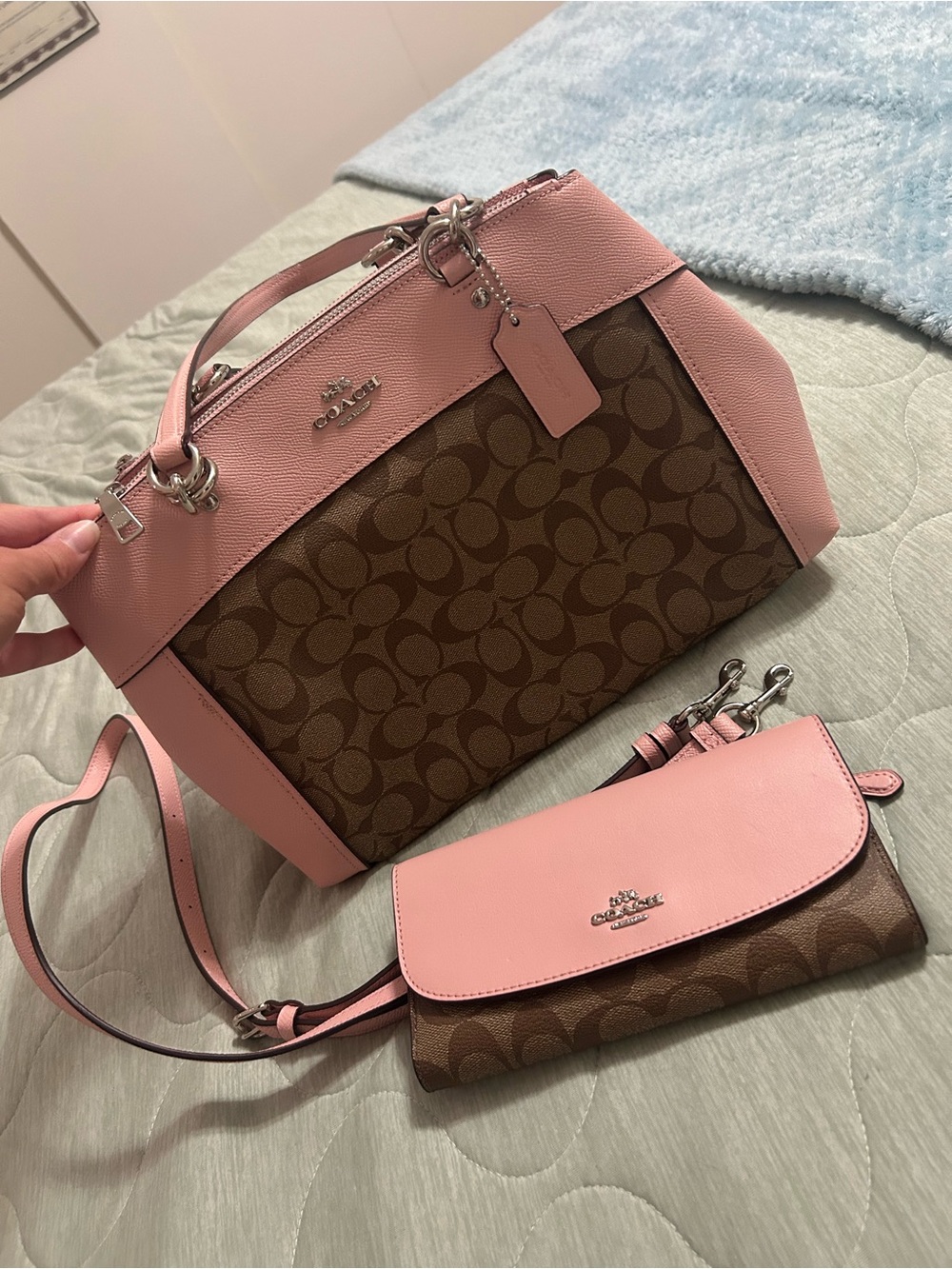 Coach Brown Signature Satchel with Pink Trim and Detachable Pouch